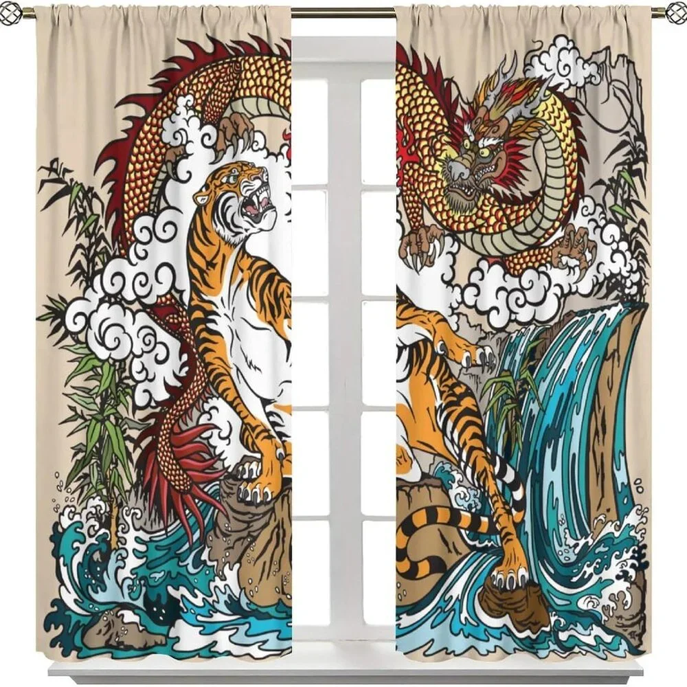 Chinese Dragon & Tiger in The Waterfall Landscape Window Curtain